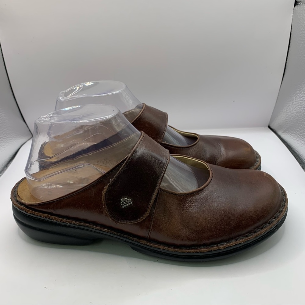 Finn Comfort Slide Leather Sandal Brown Hook Loop Low Wedge 39 8-8.5 Mary Jane